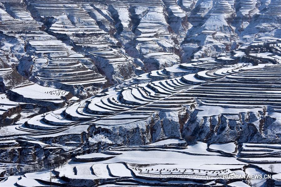 Укрытые снегом террасные поля в уезде Вэйюань