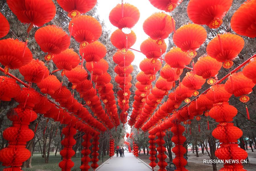 Храм в пекинском парке Дитань украсили красными фонариками по случаю праздника Весны