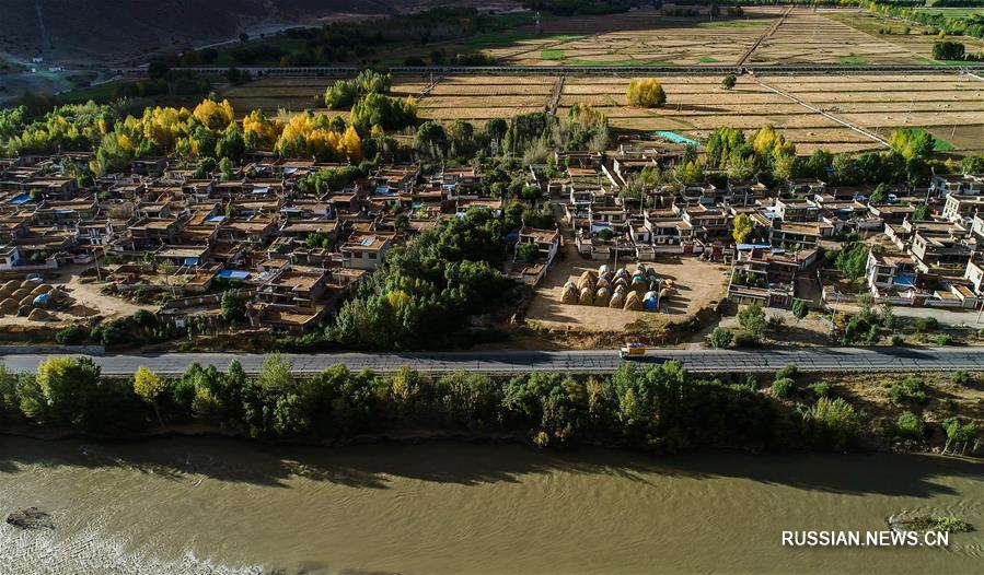 Осенние пейзажи вдоль реки Ярлунг Цангпо в Тибетском АР