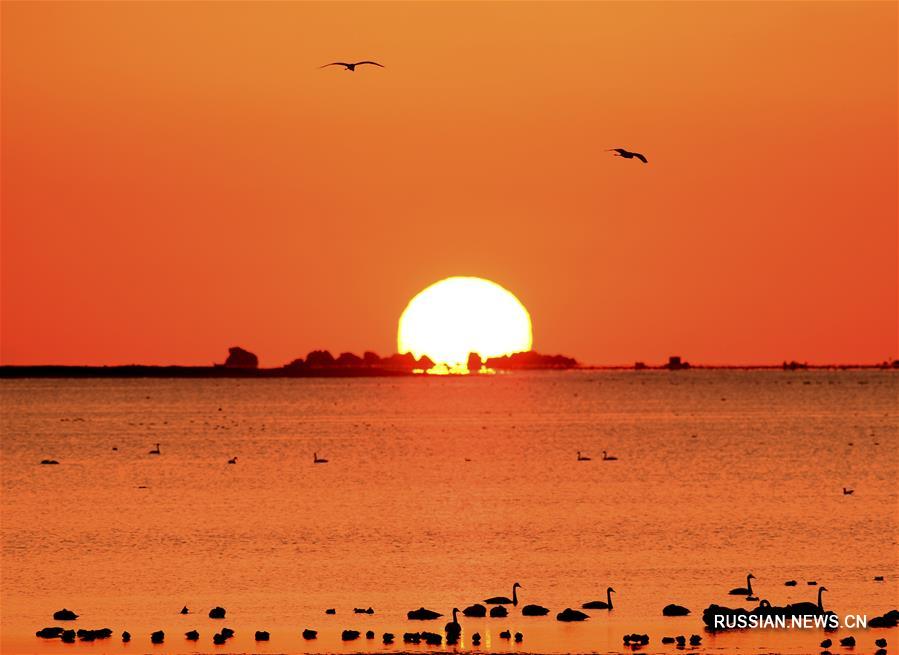Солнце восходит над озером Тяньэху на востоке Китая