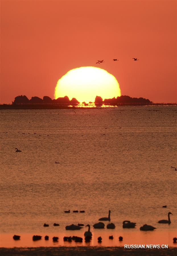Солнце восходит над озером Тяньэху на востоке Китая