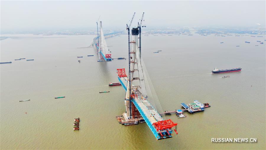 Строительство моста над Янцзы в городском округе Наньтун