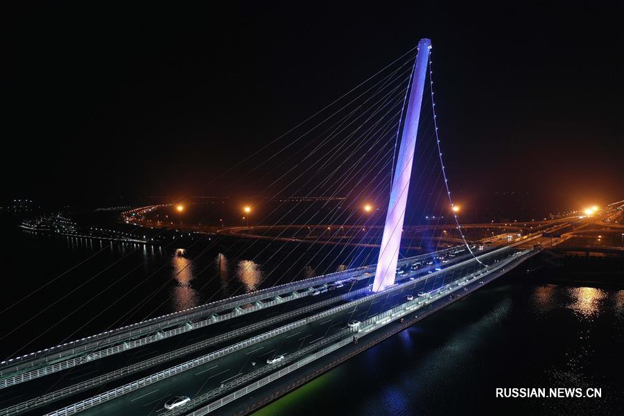 Вечерний пейзаж мостов через реку Фэньхэ в г. Тайюань