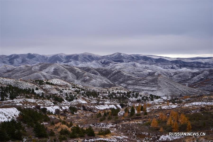 Первый снег в горах Дациншань на севере Китая