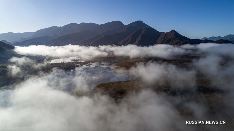 Вид на горные водно-болотные угодья в заповеднике Шэньнунцзя
