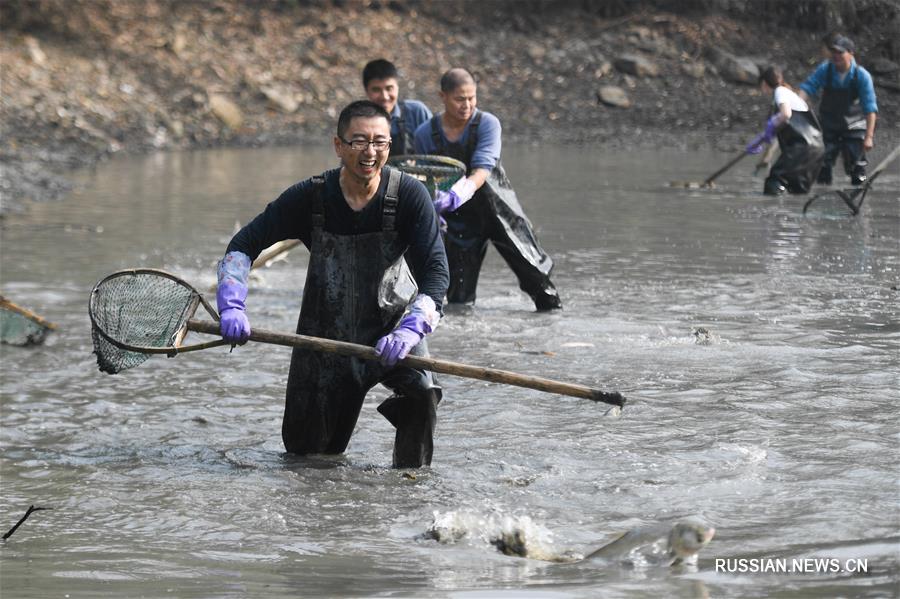 Туристы ловят рыбу в "сухом пруду" парка Сиси