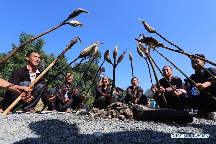 Фестиваль жареной рыбы в дунской деревне в провинции Гуйчжоу