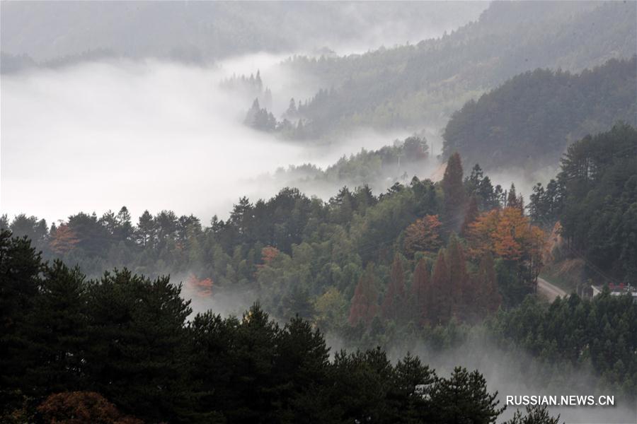 Чарующий вид гор Дабешань в облаках