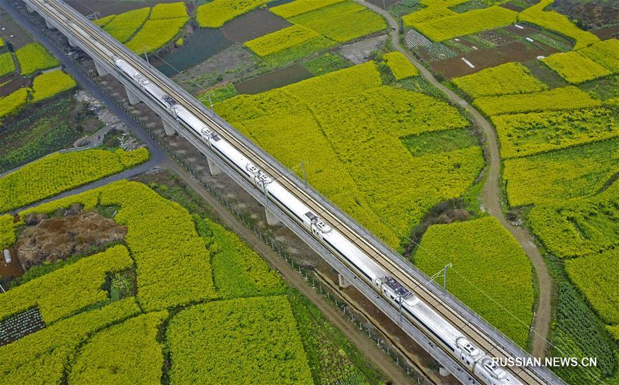 Скоростные поезда среди весенних полей в Гуйчжоу