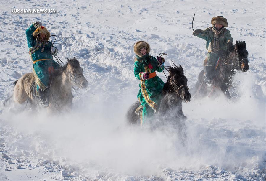 Бег лошадей по заснеженной степи Шилин-Гол
