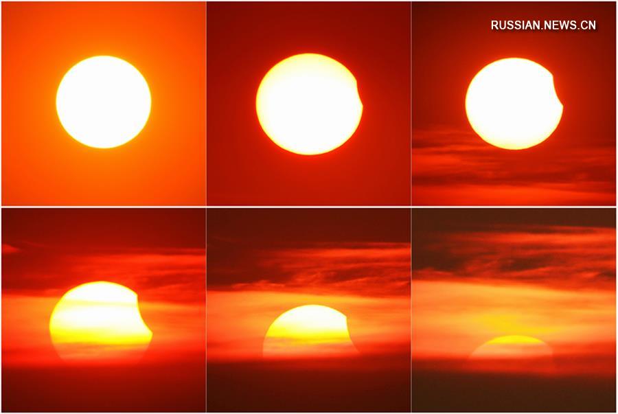 Частное солнечное затмение в небе над Китаем