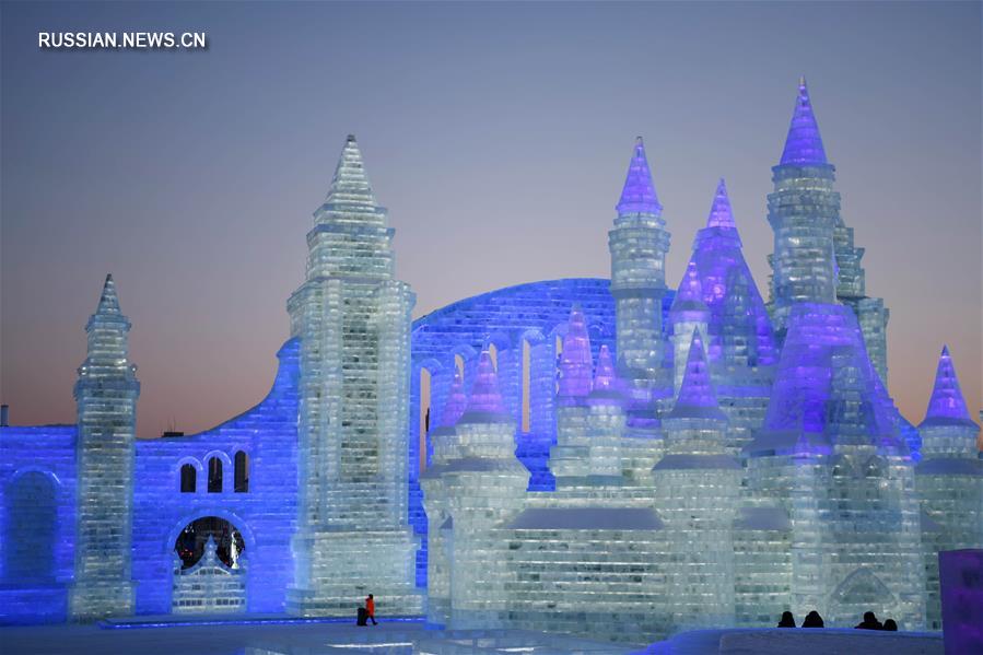 Создатели парка "Мир льда и снега" на фоне своих творений