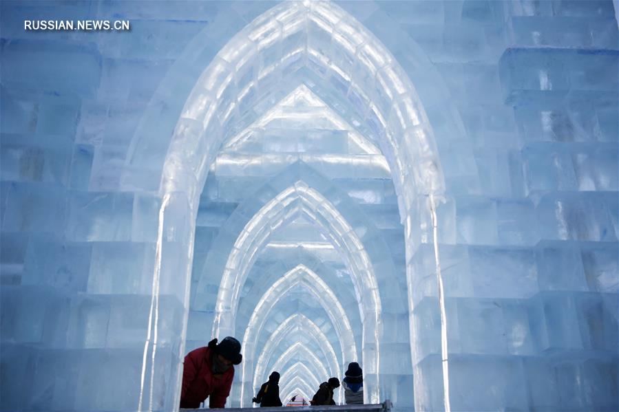 Создатели парка "Мир льда и снега" на фоне своих творений