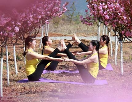 Йога среди персиковых цветов
