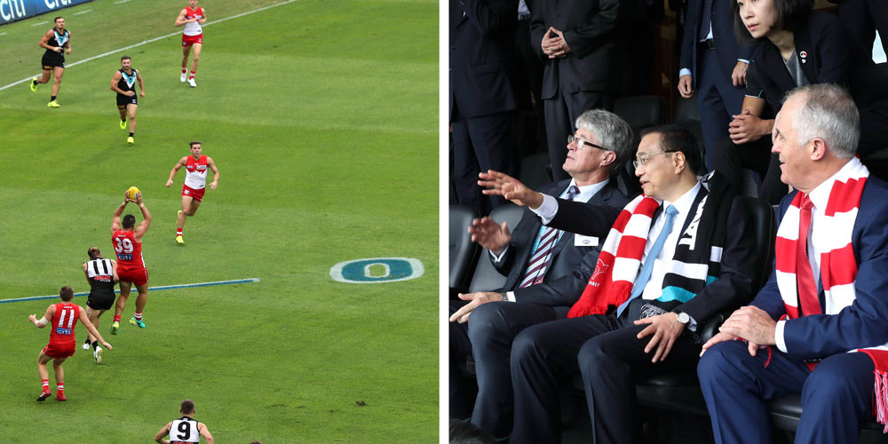 Ли Кэцян и премьер-министр Австралии Малкольм Тернбулл посмотрели матч австралийского футбола