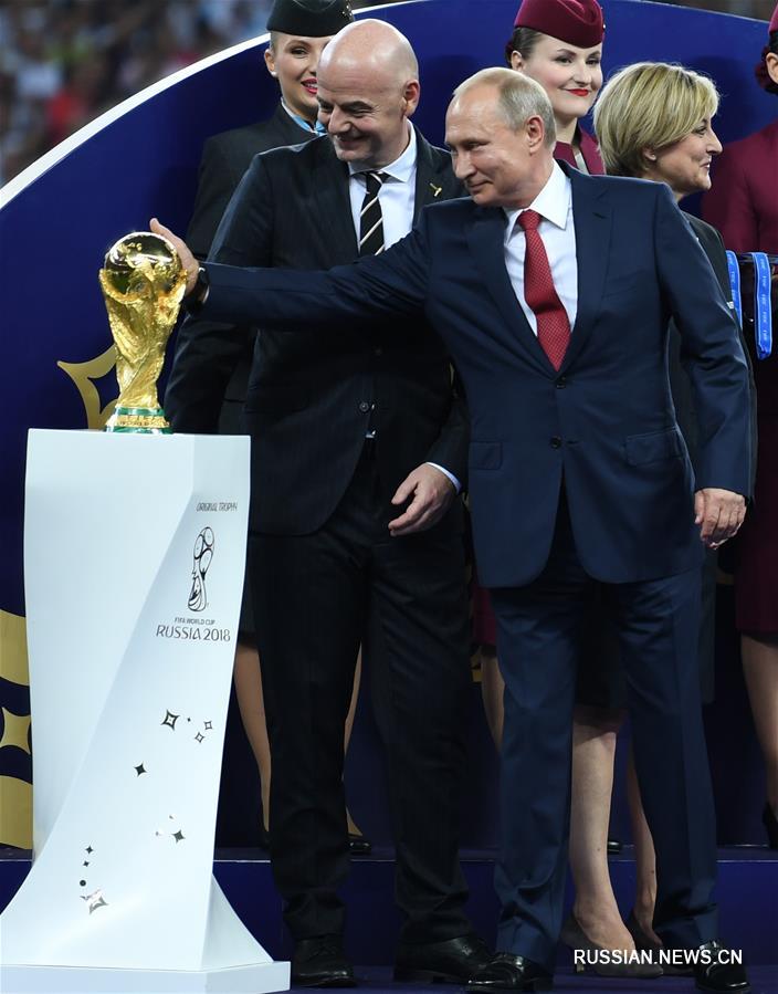 Футбол -- ЧМ-2018, финал: В.Путин погладил Кубок мира